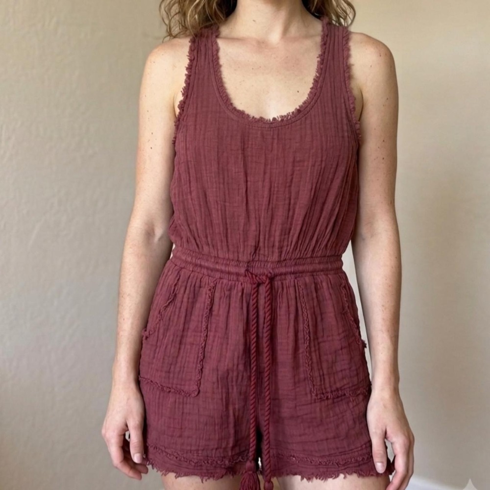 Versona Cotton Gauze Romper | Rust Boho Tassel Tie Romper